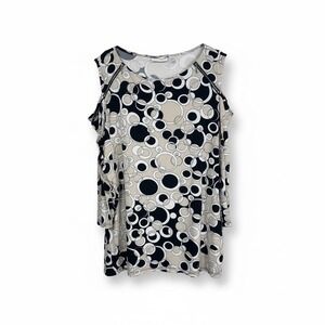 Susan Graver Top Women Cold Shoulder Geometric Circle Print Black Tan 3X